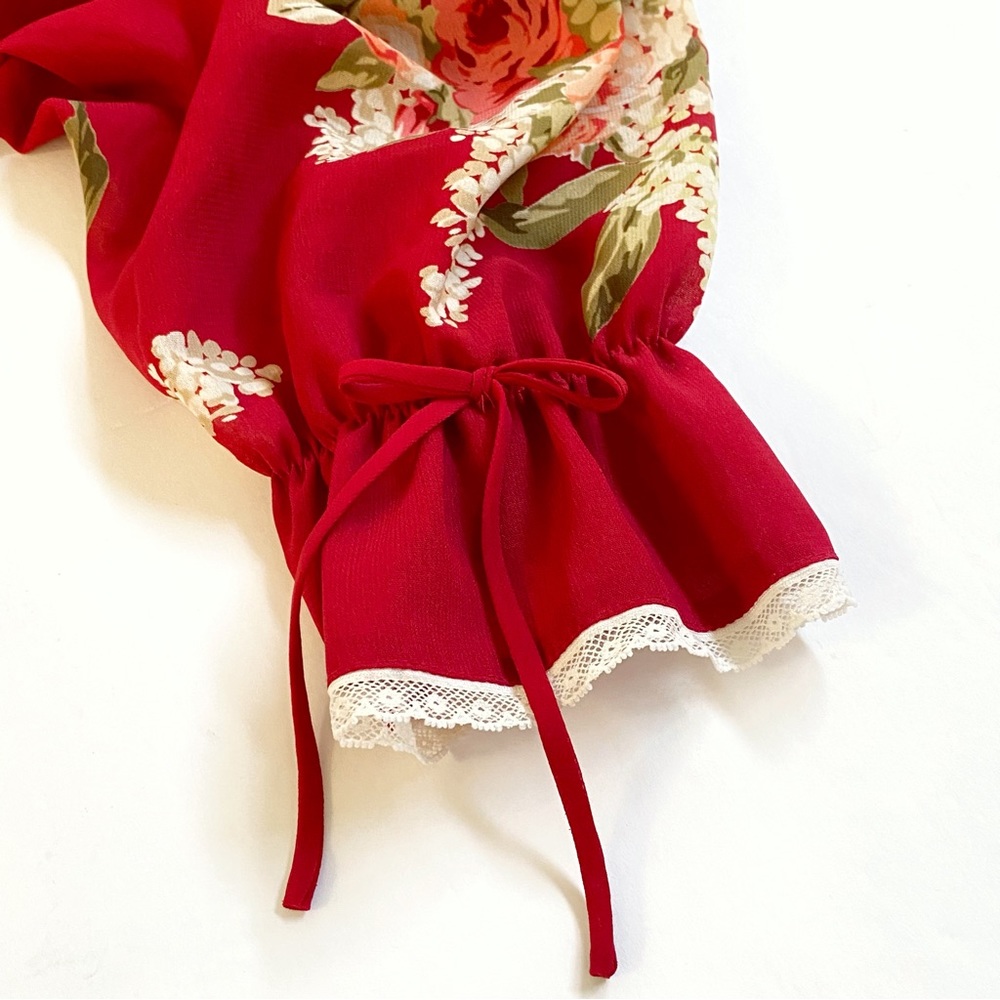 OSCAR DE LA RENTA PINK LABEL cream red green floral print sheer long sleeve robe - Picture 5 of 10